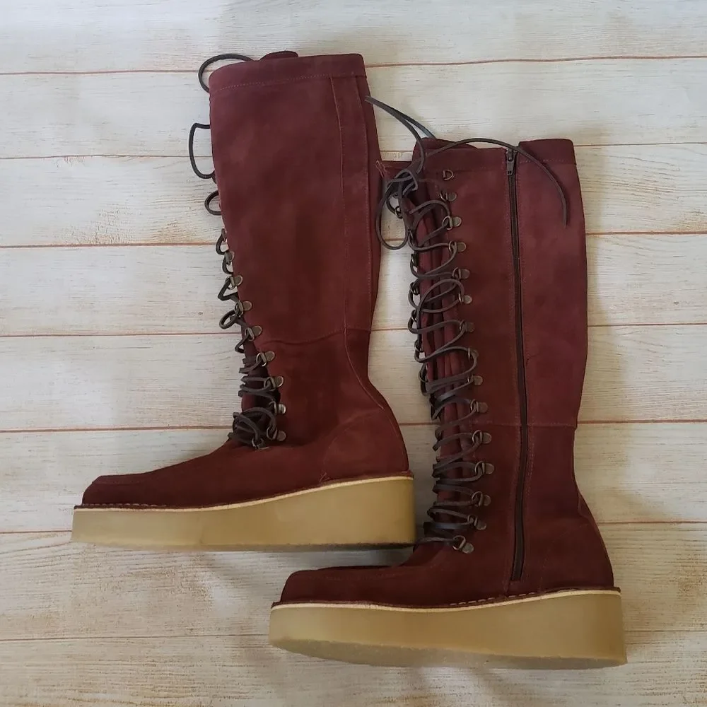 Free People Ava Suede Tall Lace-up Wedge Boot Moccasin Inspired Round Toe 39
